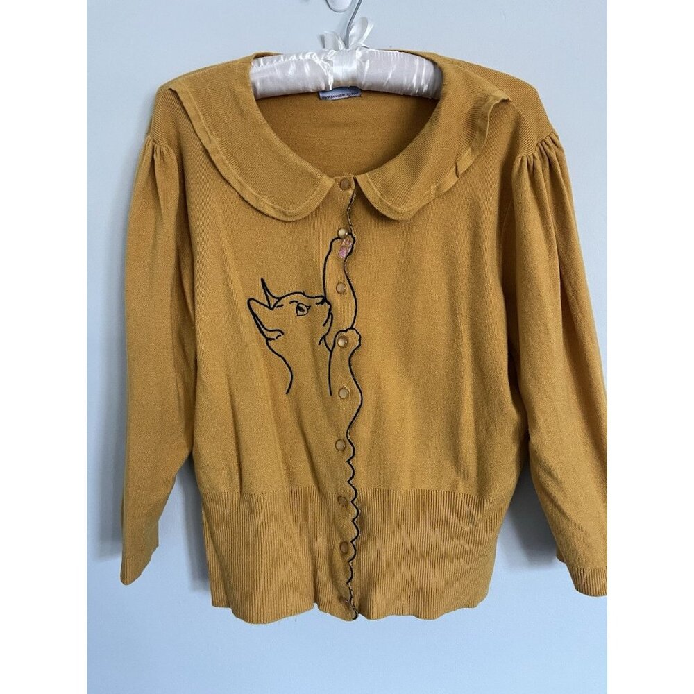 Banned Retro Ladies Cat Kitten Cardigan XL Used Yellow Gold